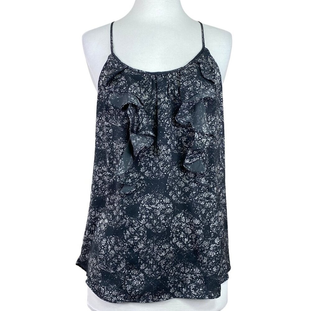 Halogen Black Tan Abstract Print Ruffle Front Cami Tank Top Small Sleeveless
